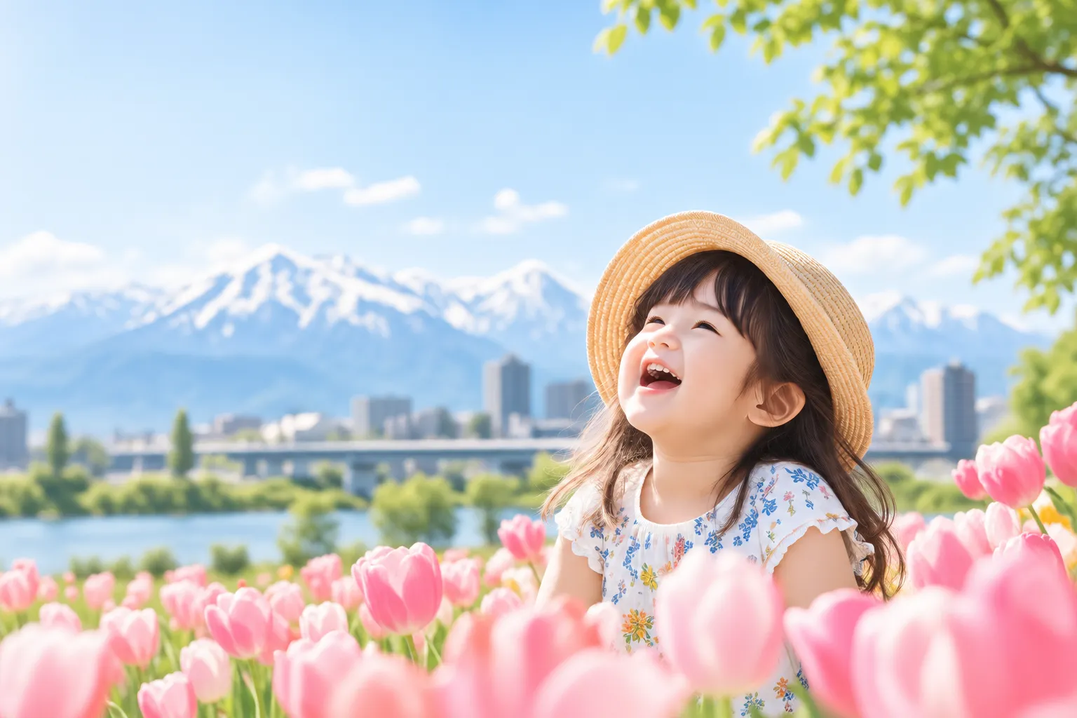 チューリップと青空、雪山を背景に笑う女の子